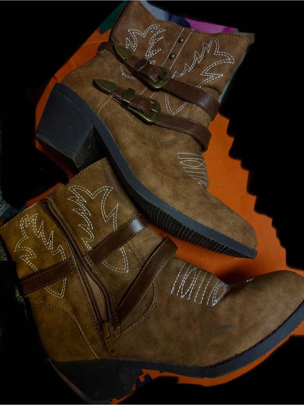 Faded Glory Brown Suede Western Ankle Boots with Buckle Straps